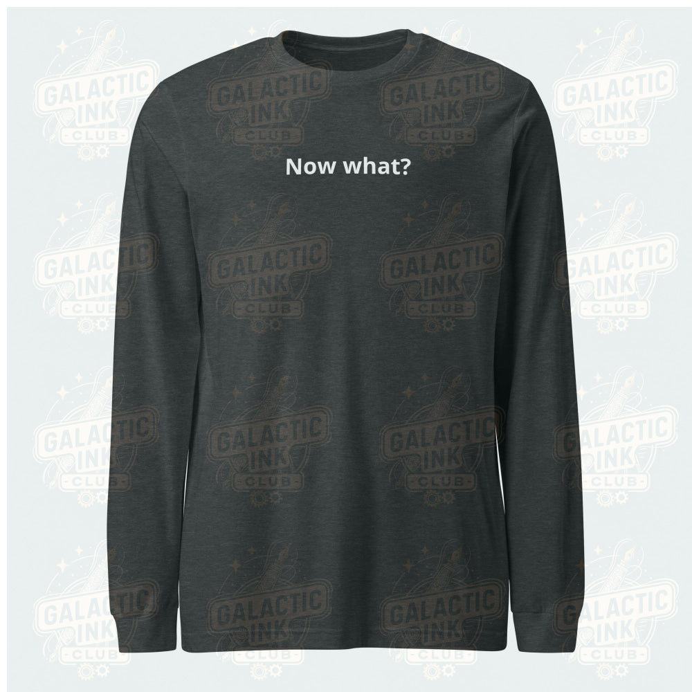 Now What? retro-inspired long-sleeve graphic tee in dark grey heather — Galactic Ink Club