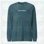 Now What? retro-inspired long-sleeve graphic tee in heather deep teal — Galactic Ink Club