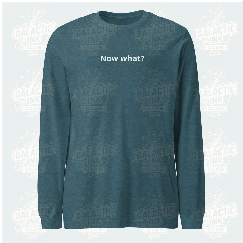 Now What? retro-inspired long-sleeve graphic tee in heather deep teal — Galactic Ink Club