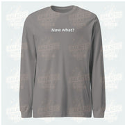 Now What? retro-inspired long-sleeve graphic tee in storm — Galactic Ink Club