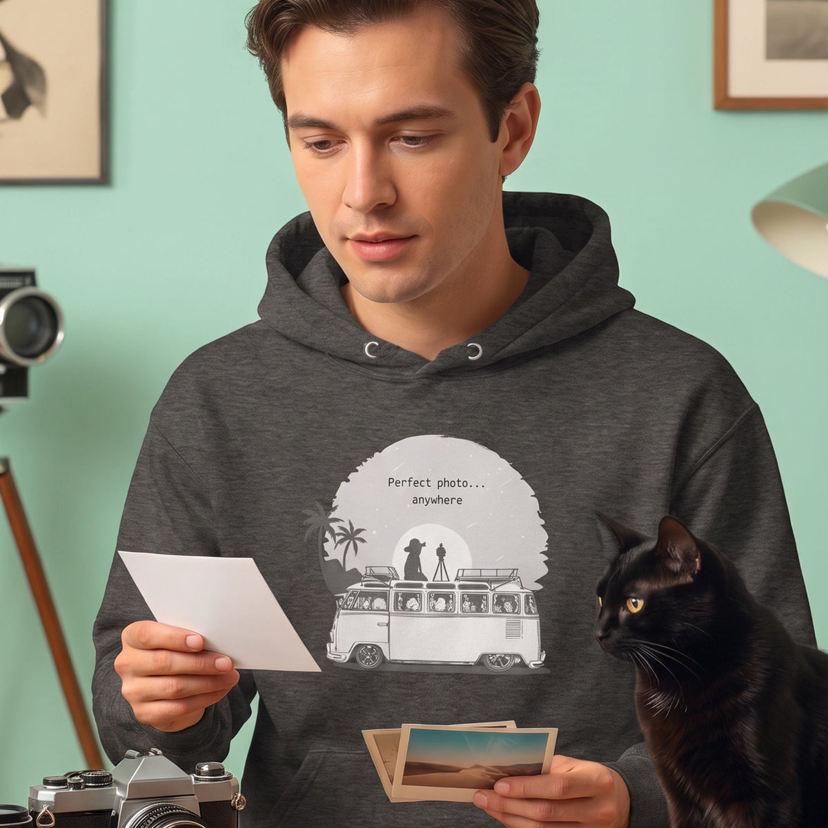 Photographer's Perfect Photo Retro-Inspired Graphic Hoodie on man — Galactic Ink Club

