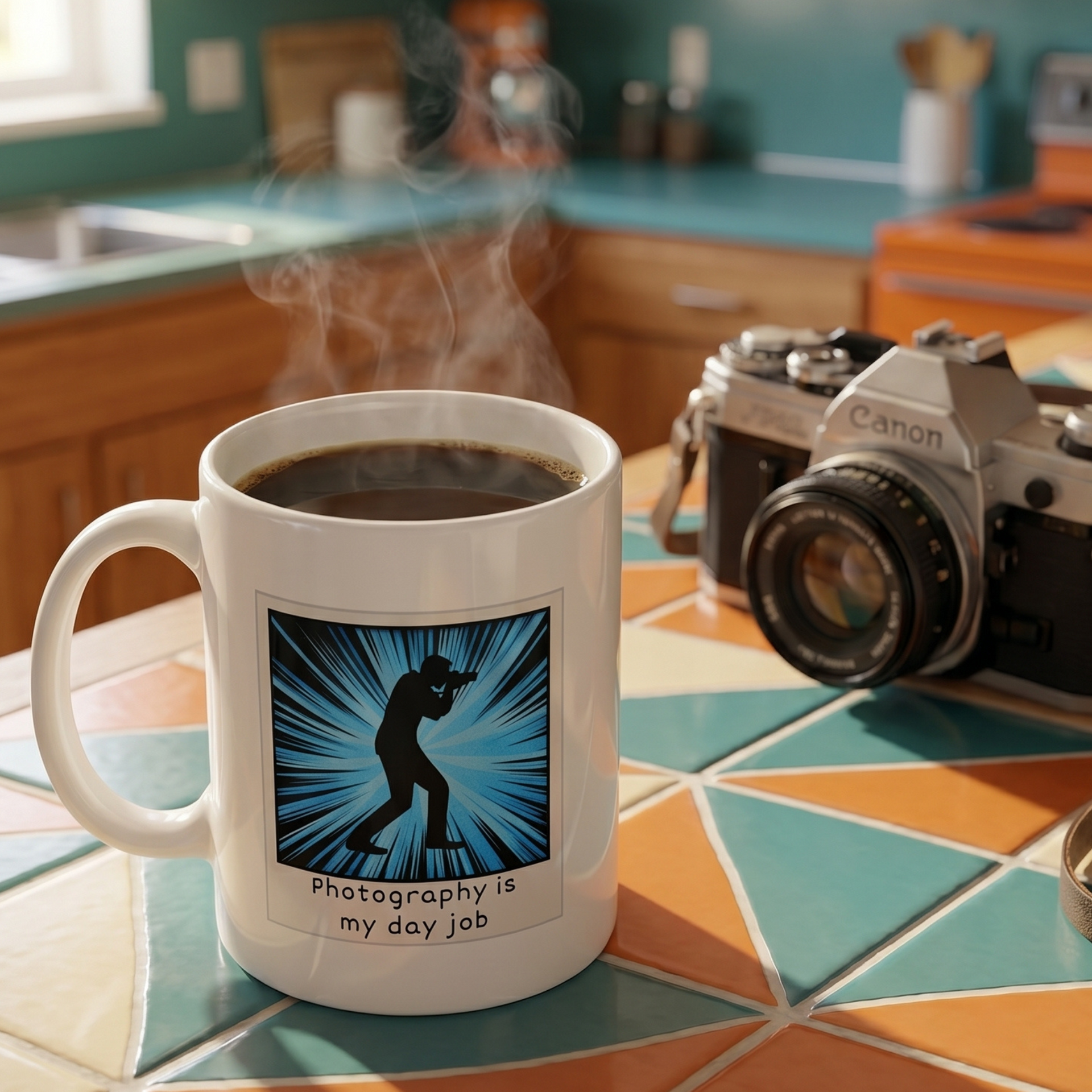 Photography is My Day Job retro graphic mug with vintage Canon camera in mid-century modern kitchen — Galactic Ink Club