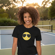 Pickleball with Aviator Sunglasses retro graphic tee on female model in black tee at pickleball court — Galactic Ink Club
