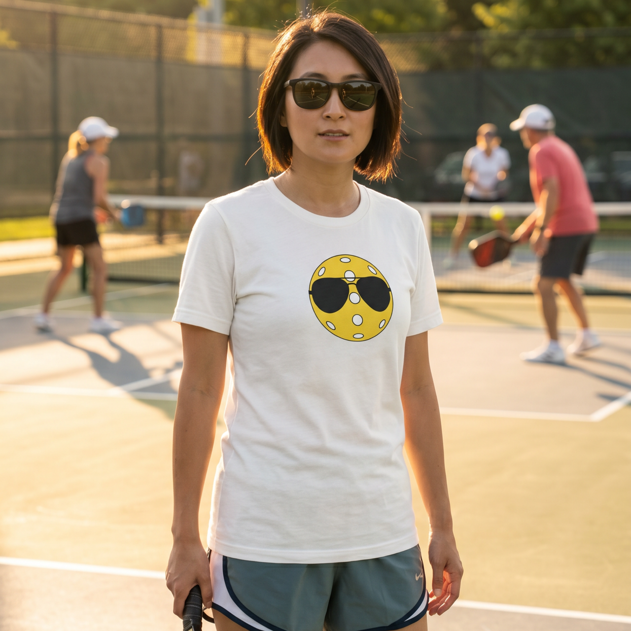 Pickleball with Aviator Sunglasses retro graphic tee on female model at pickleball court with players in background — Galactic Ink Club

