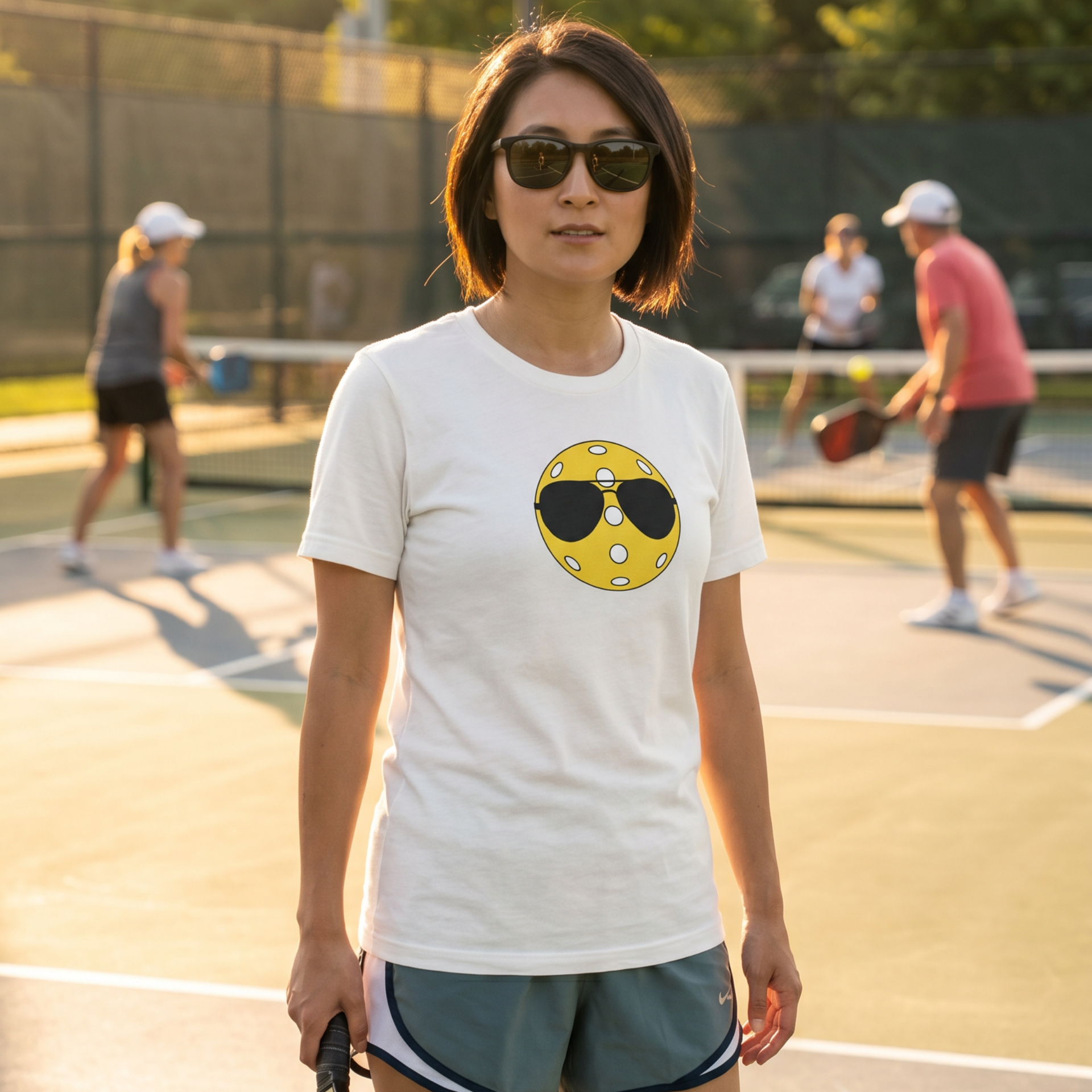 Pickleball with Aviator Sunglasses retro graphic tee on female model at pickleball court with players in background — Galactic Ink Club
