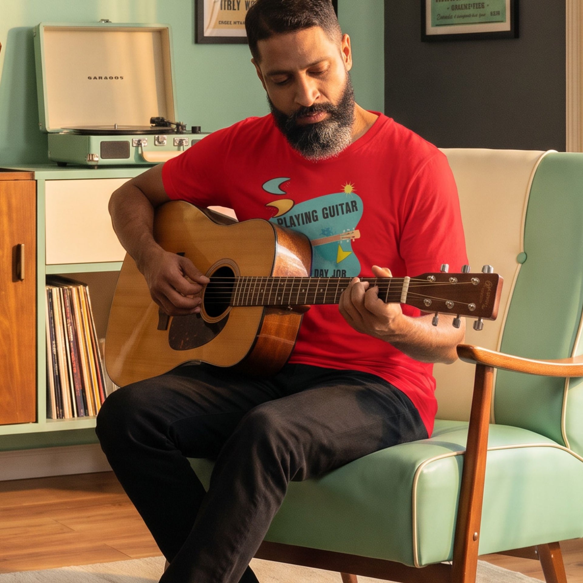 Playing Guitar Day Job Retro-Inspired Graphic Tee on man playing acoustic guitar — Galactic Ink Club
