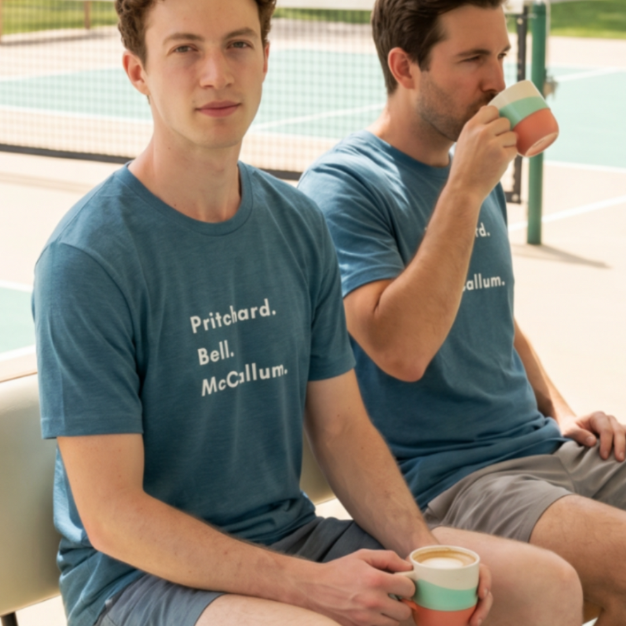 Pritchard Bell McCallum Retro Pickleball Tee on male models near pickleball court — Galactic Ink Club
