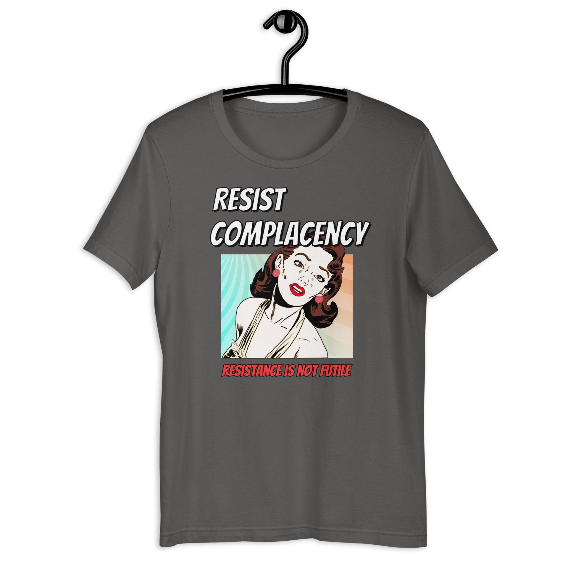 Resist Complacency retro-inspired graphic tee in asphalt — Galactic Ink Club
