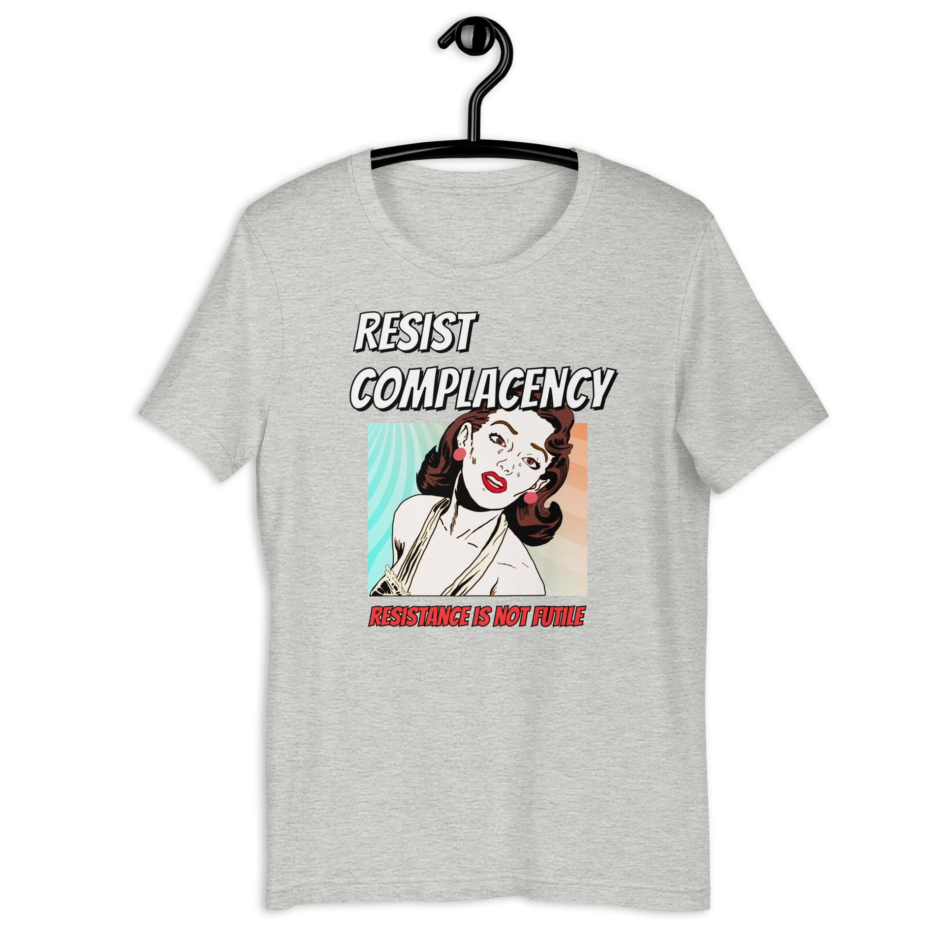 Resist Complacency retro-inspired graphic tee in athletic heather — Galactic Ink Club