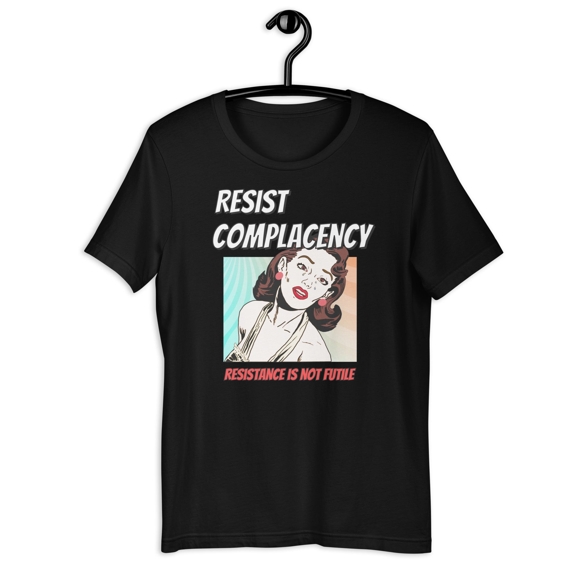 Resist Complacency retro-inspired graphic tee in black — Galactic Ink Club