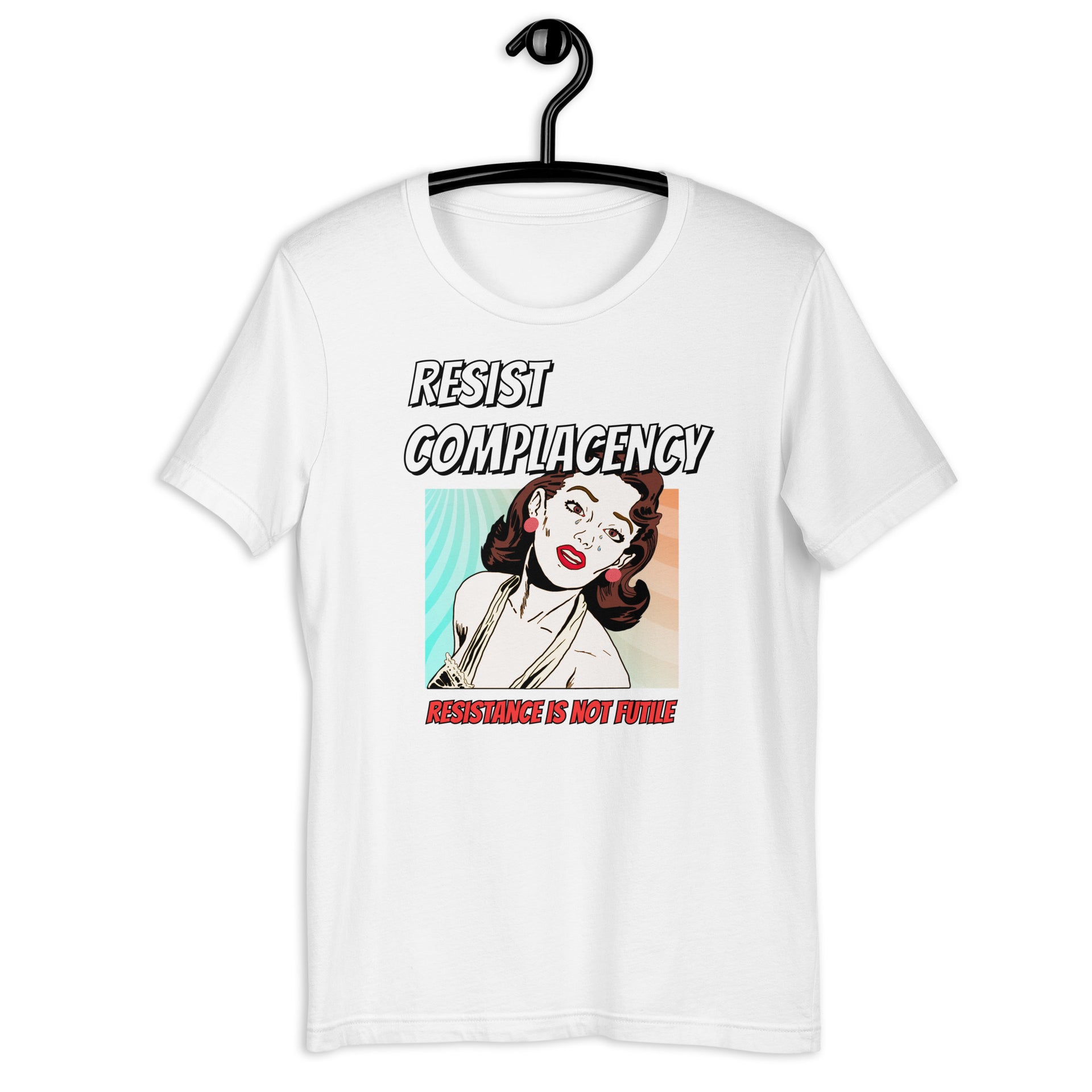 Resist Complacency retro-inspired graphic tee in white — Galactic Ink Club