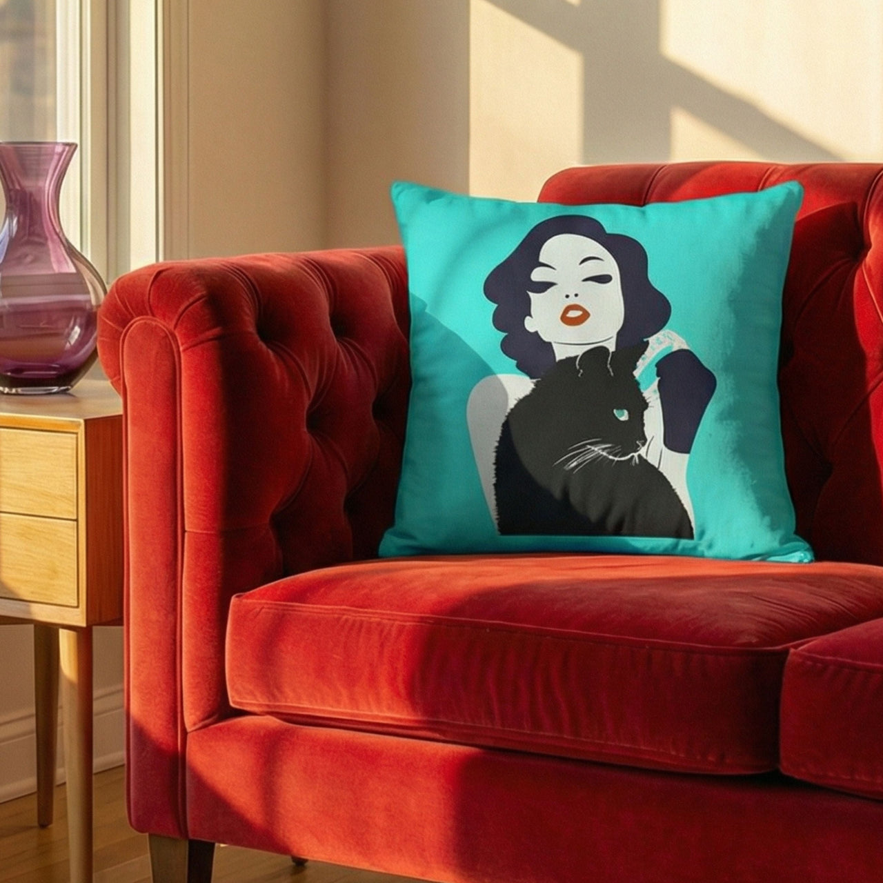 Retro black cat and woman throw pillow in mid-century modern lifestyle setting — Galactic Ink Club
