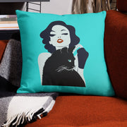 Retro black cat and woman throw pillow in mid-century modern room setting — Galactic Ink Club
