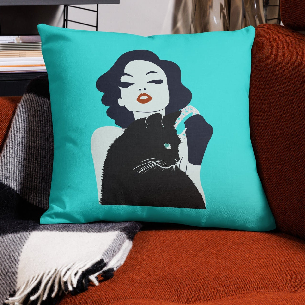 Retro black cat and woman throw pillow in mid-century modern room setting — Galactic Ink Club
