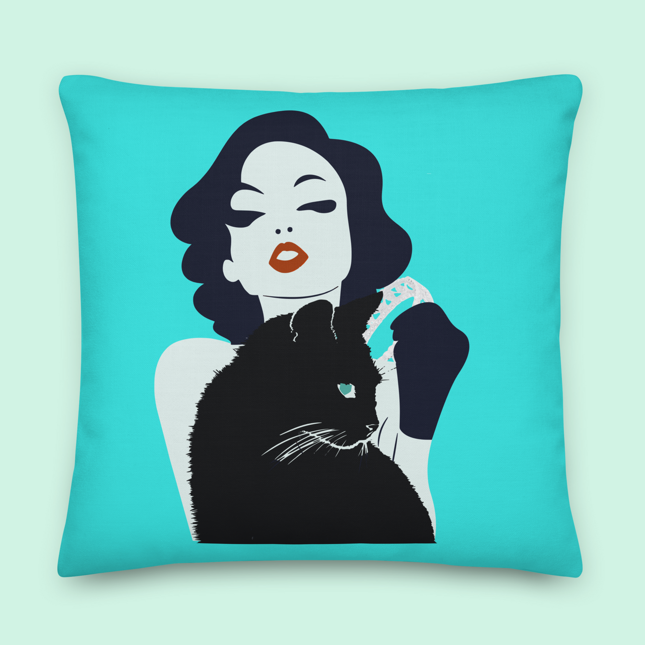 Retro black cat and woman throw pillow mid-century modern design — Galactic Ink Club