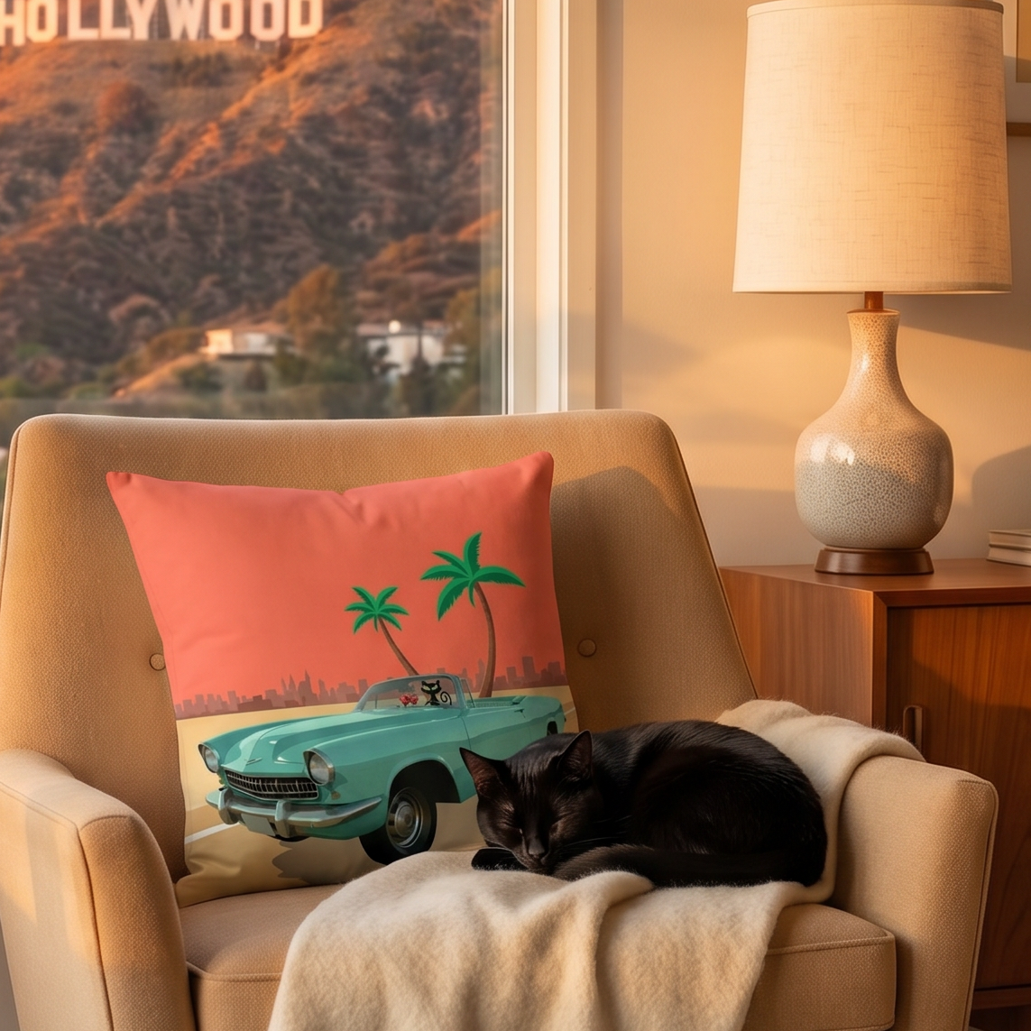 Retro black cat convertible throw pillow in mid-century modern lifestyle setting — Galactic Ink Club
