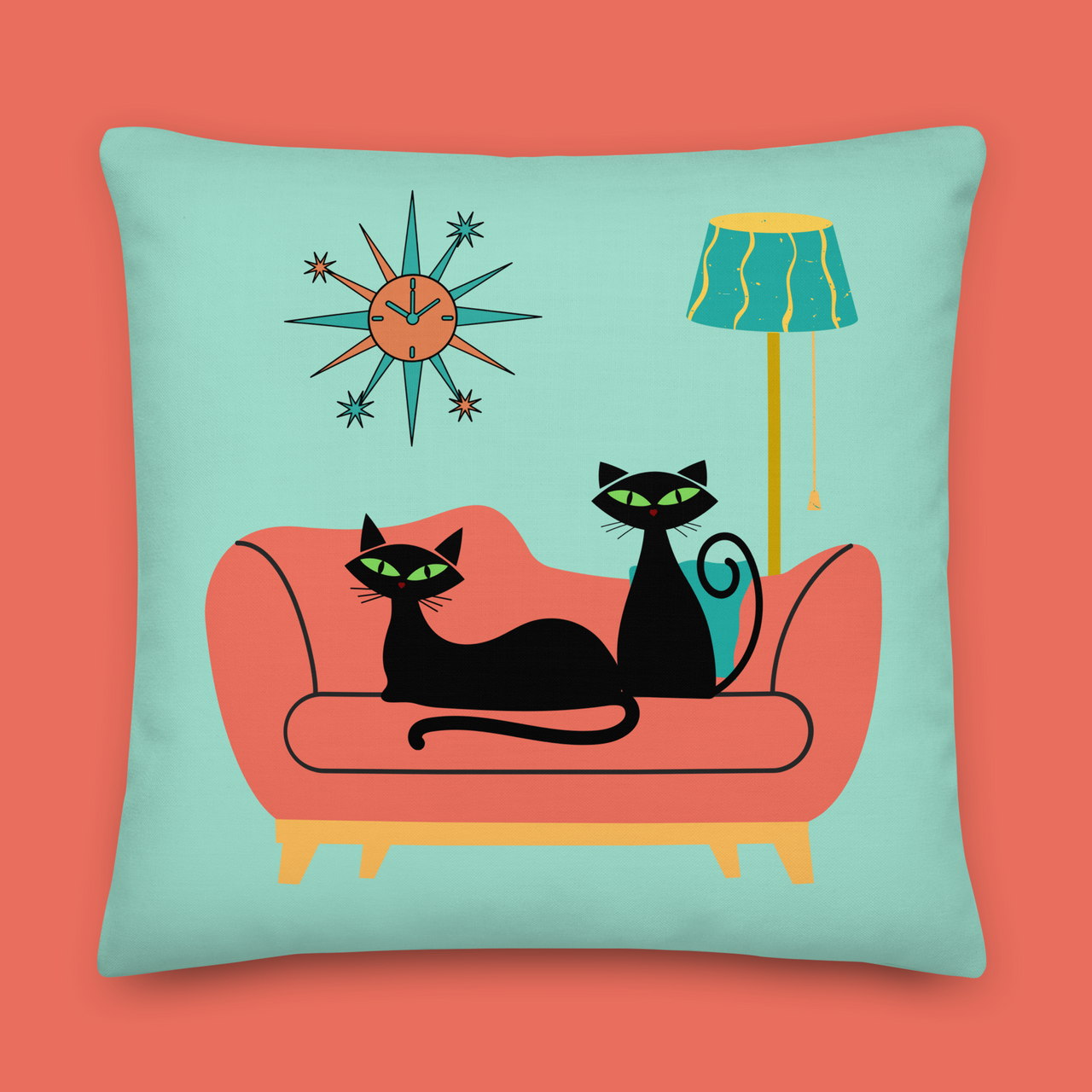 Retro black cat coral couch throw pillow mid-century modern design — Galactic Ink Club