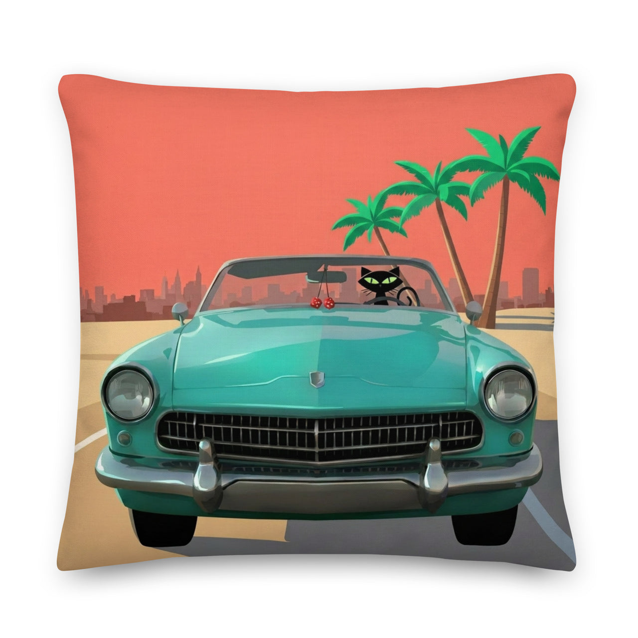 Retro black cat driving convertible throw pillow mid-century modern design — Galactic Ink Club
