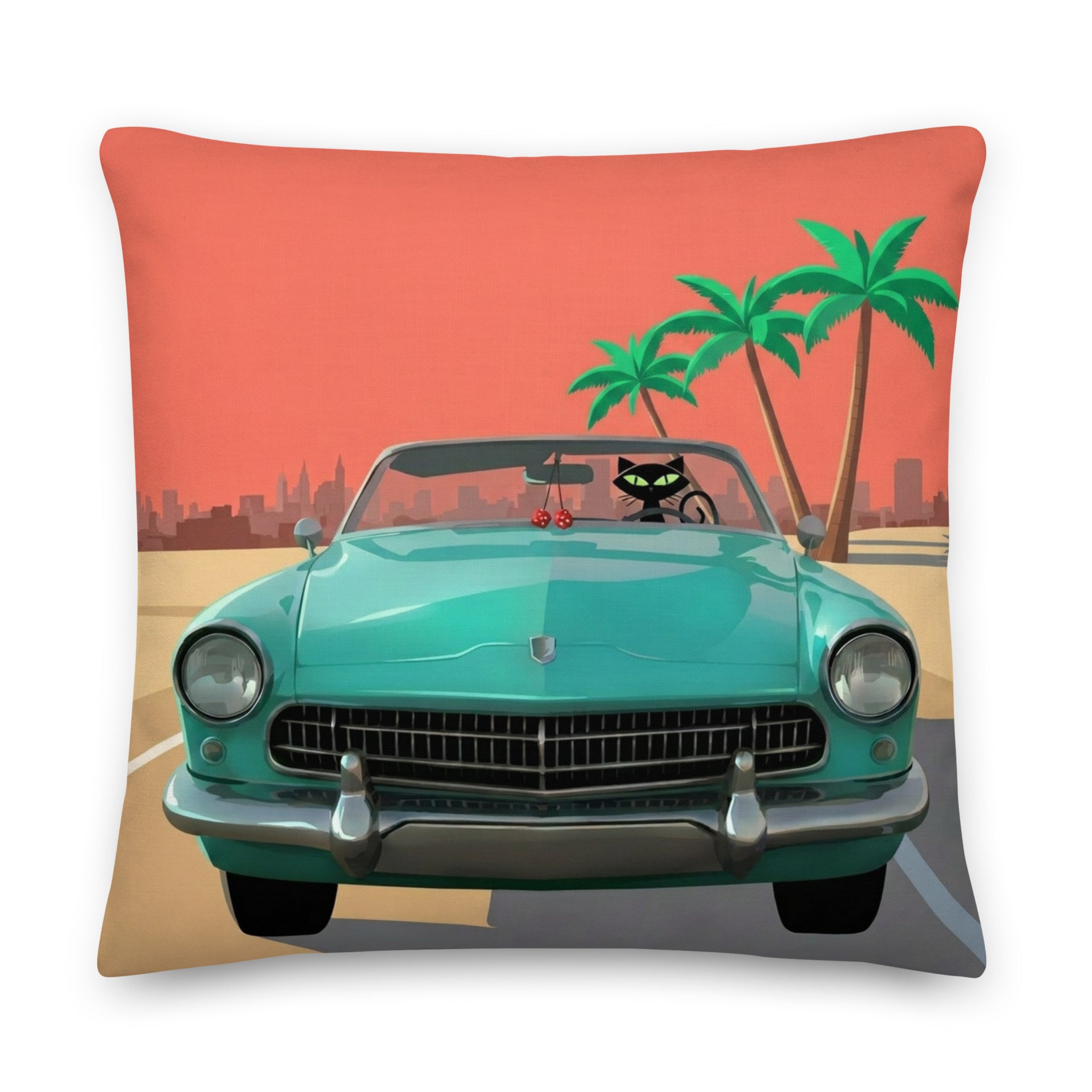 Retro black cat driving convertible throw pillow mid-century modern design — Galactic Ink Club
