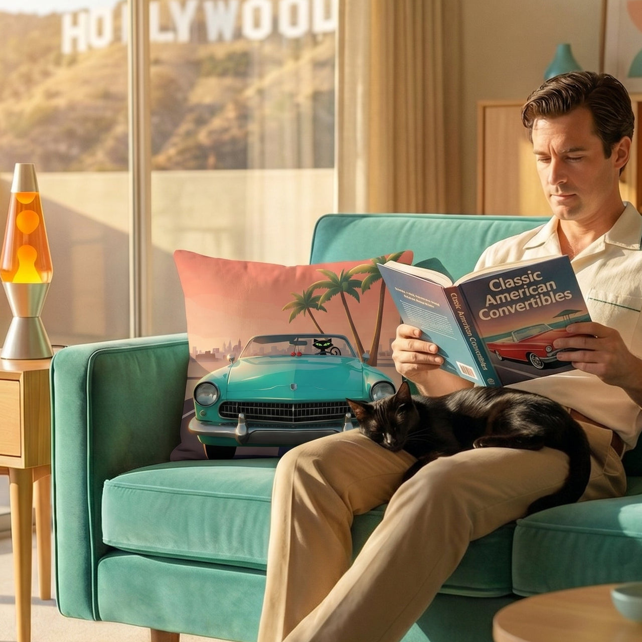 Retro black cat driving convertible throw pillow in mid-century modern Hollywood living room — Galactic Ink Club