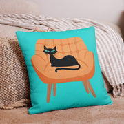 Retro black cat orange chair throw pillow in mid-century modern room setting — Galactic Ink Club