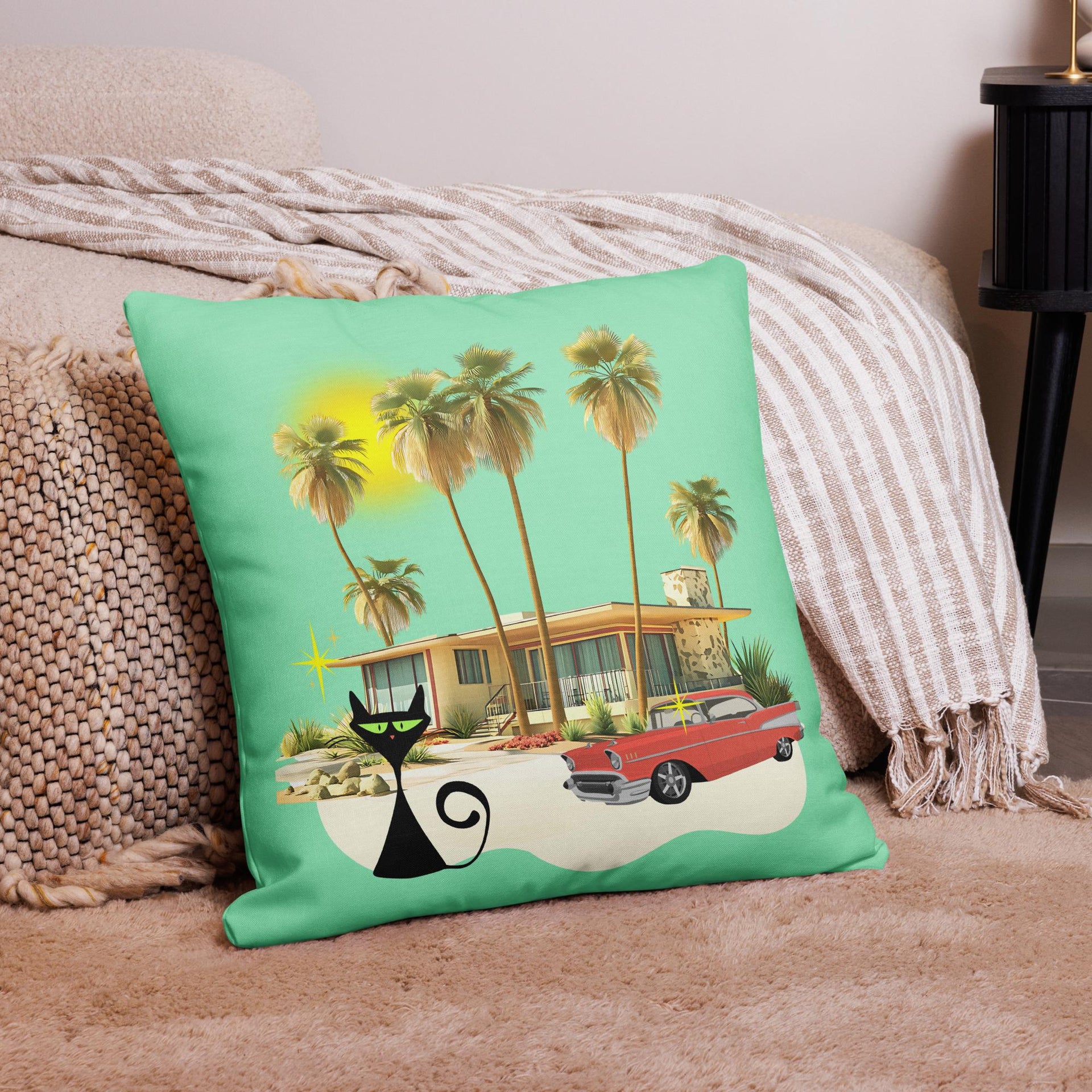 Retro black cat Palm Springs throw pillow in mid-century modern room setting — Galactic Ink Club
