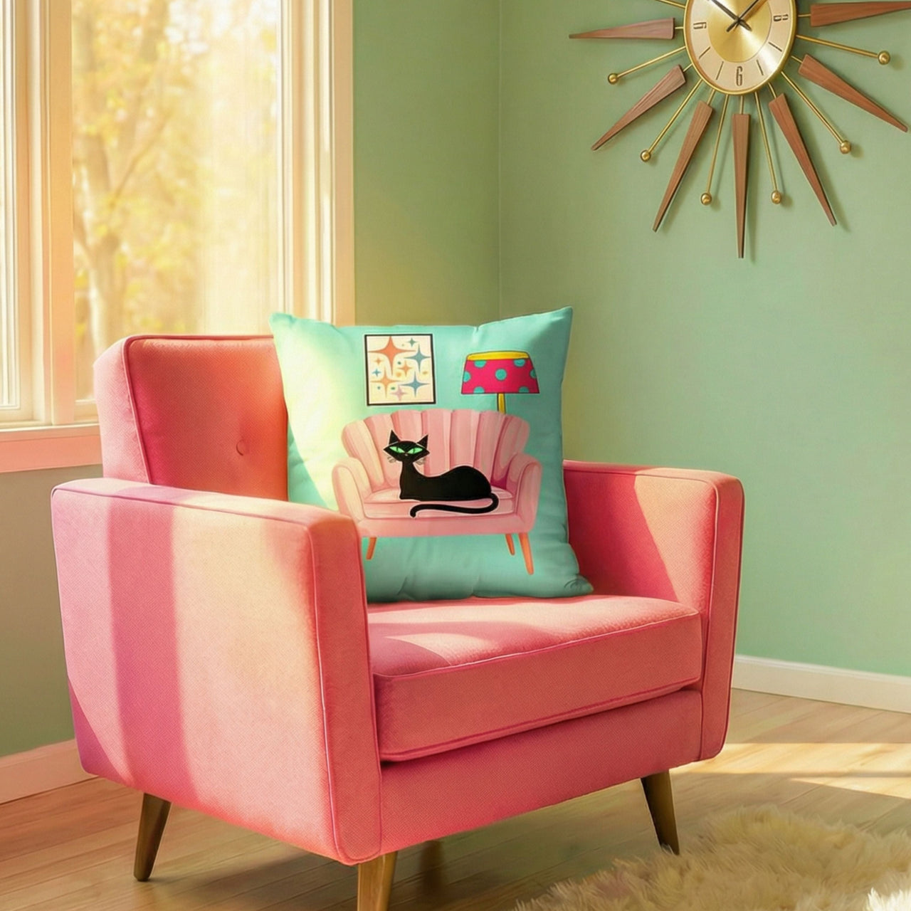 Retro black cat pink sofa throw pillow in mid-century modern room setting — Galactic Ink Club