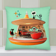 Retro black cat space invasion throw pillow in mid-century modern room setting — Galactic Ink Club
