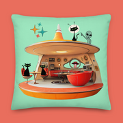 Retro black cat space invasion throw pillow mid-century modern design — Galactic Ink Club
