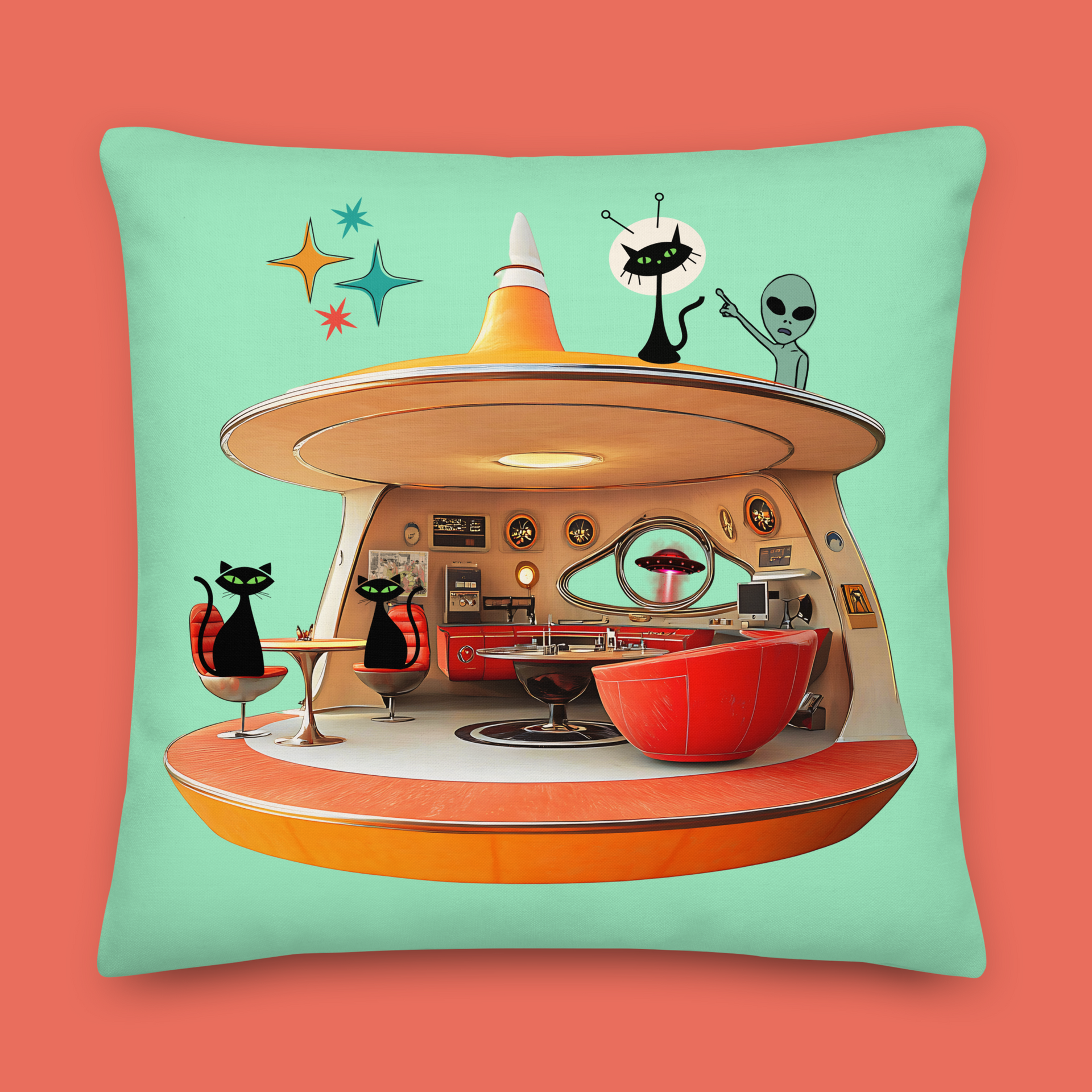 Retro black cat space invasion throw pillow mid-century modern design — Galactic Ink Club