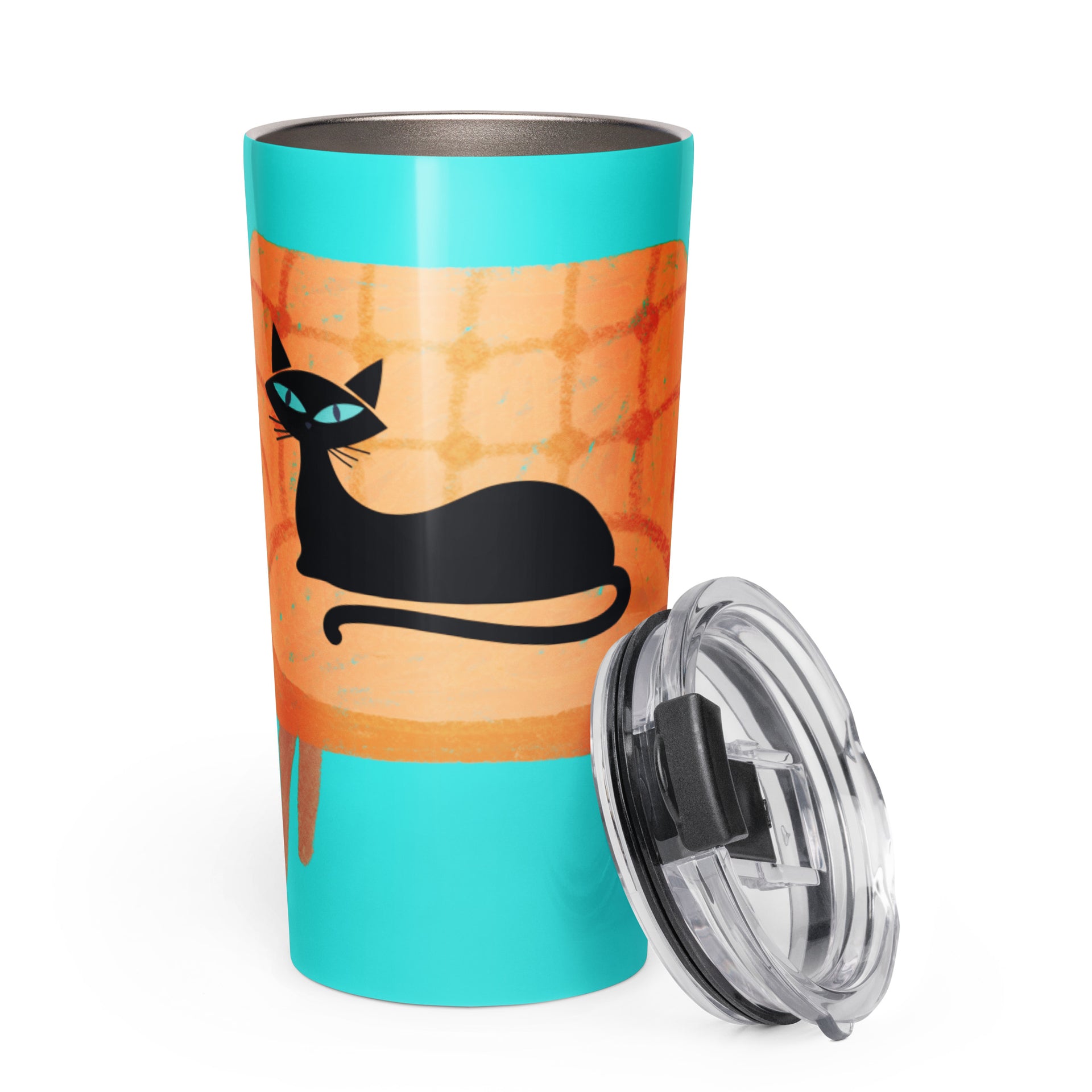 Retro black cat tumbler transparent press-in lid detail — Galactic Ink Club