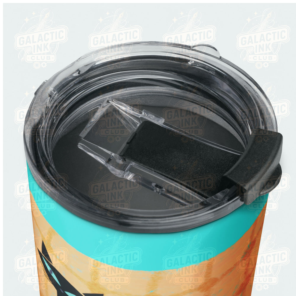 Retro black cat tumbler transparent press-in lid detail — Galactic Ink Club