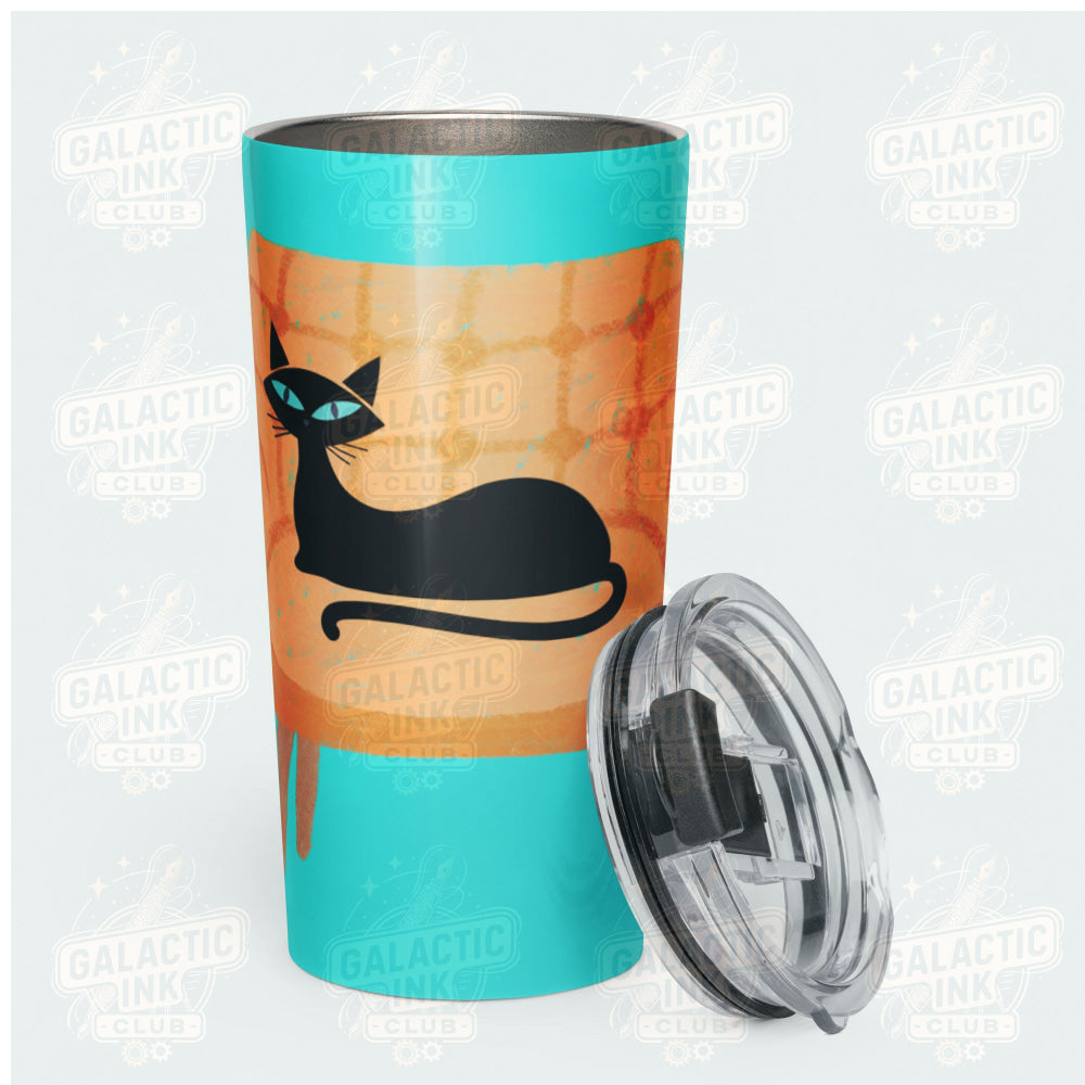 Retro black cat tumbler showing lid off— Galactic Ink Club