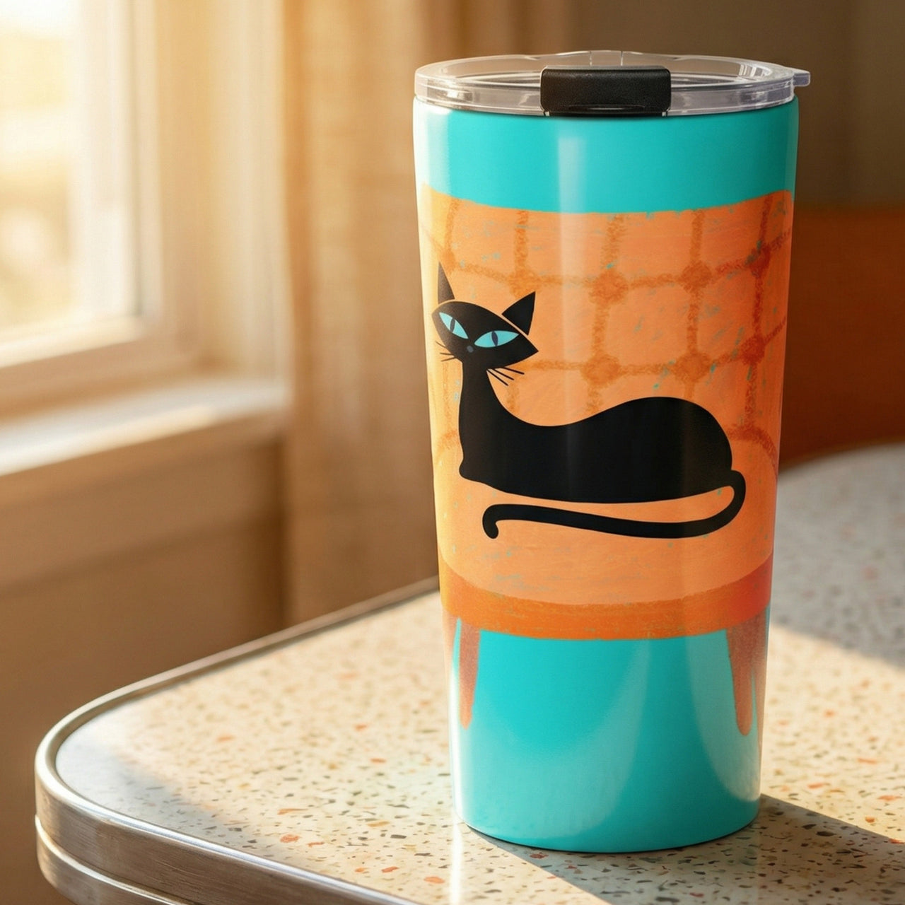 Retro black cat tumbler on mid-century modern diner table — Galactic Ink Club