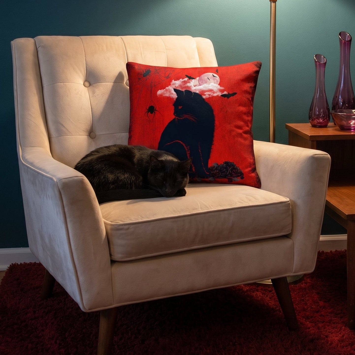 Retro red black cat throw pillow in mid-century modern lifestyle setting — Galactic Ink Club