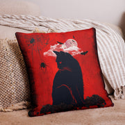 Retro red black cat throw pillow in mid-century modern room setting — Galactic Ink Club
