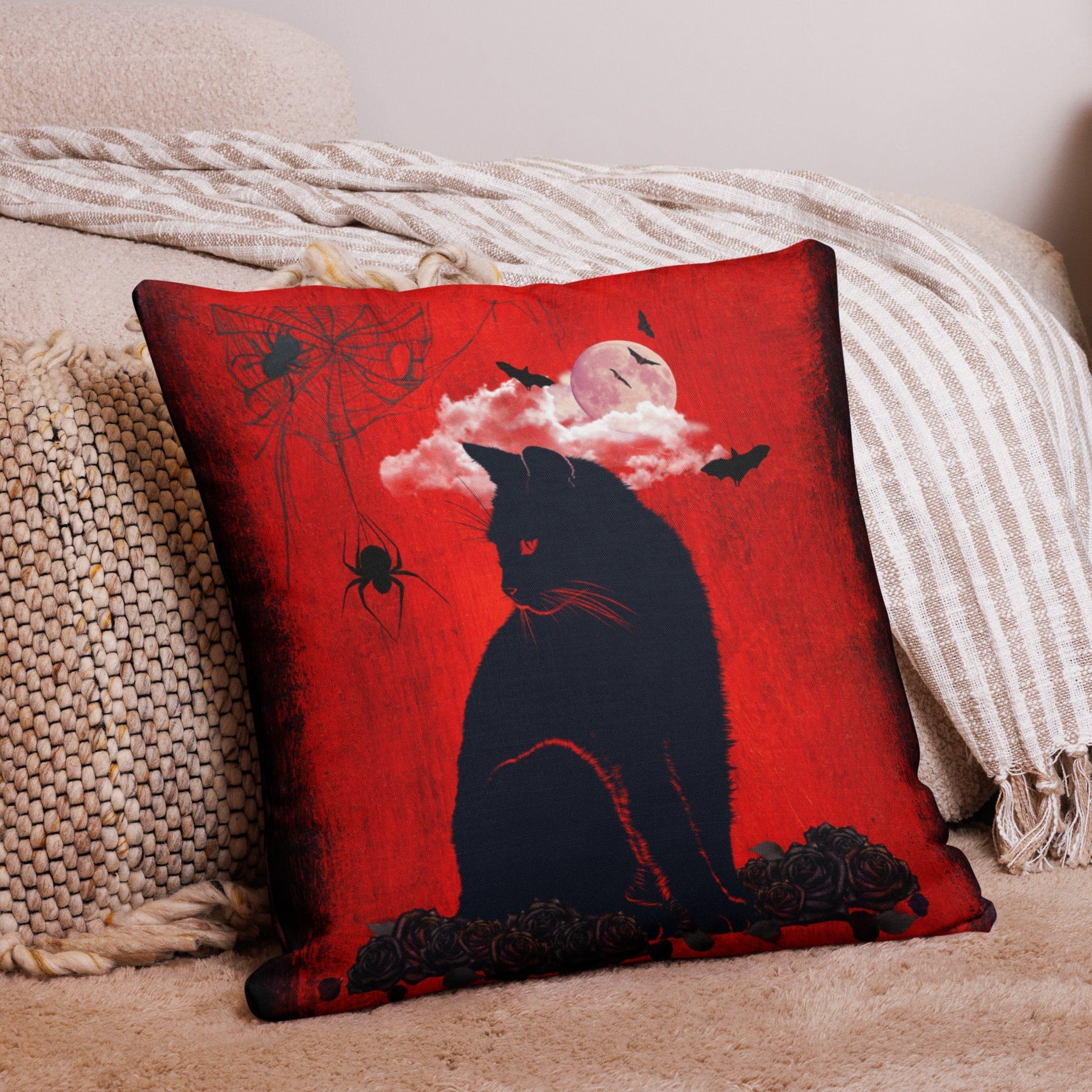 Retro red black cat throw pillow in mid-century modern room setting — Galactic Ink Club
