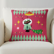 Retro space cat holiday throw pillow mid-century modern design — Galactic Ink Club