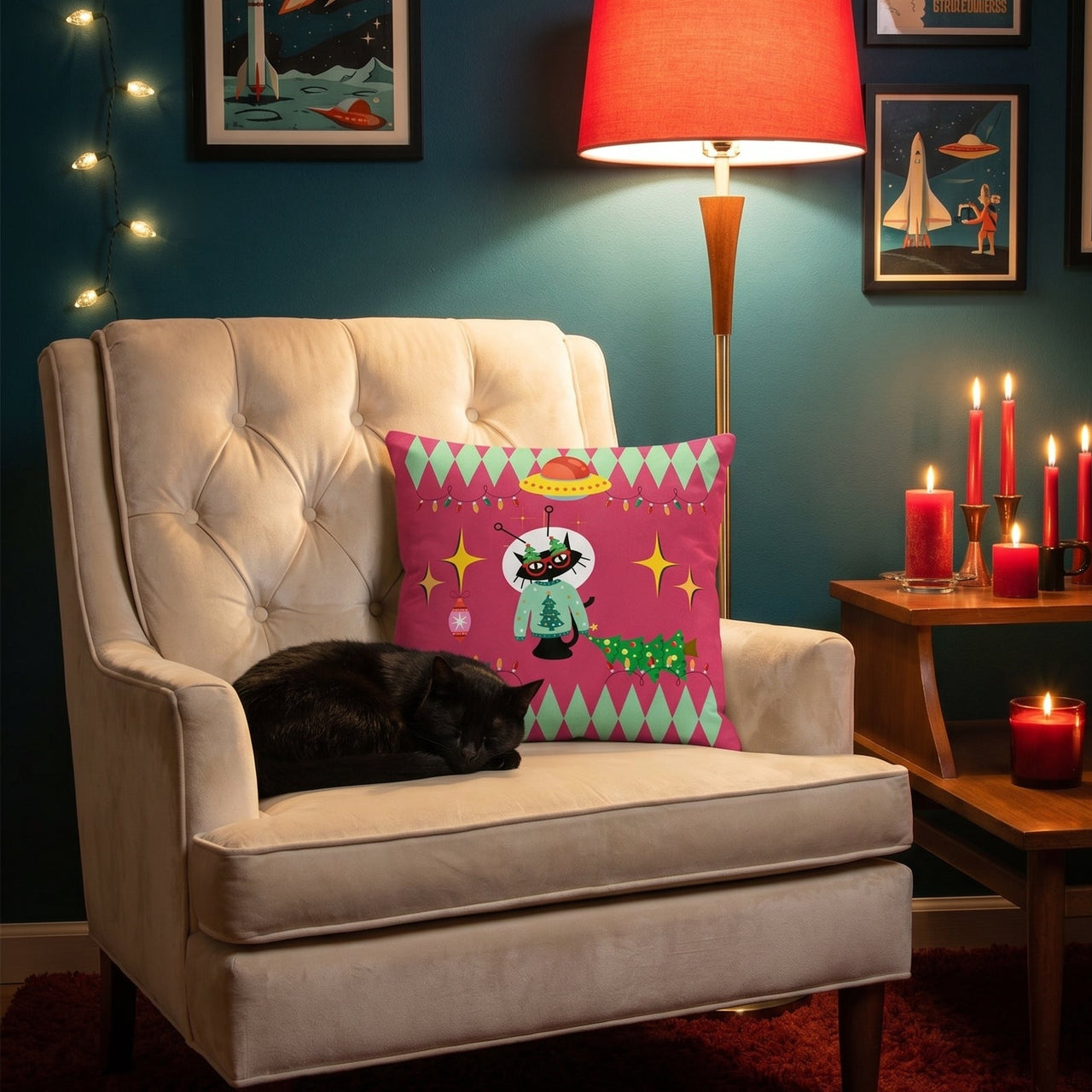 Retro space cat holiday throw pillow in mid-century modern lifestyle setting — Galactic Ink Club