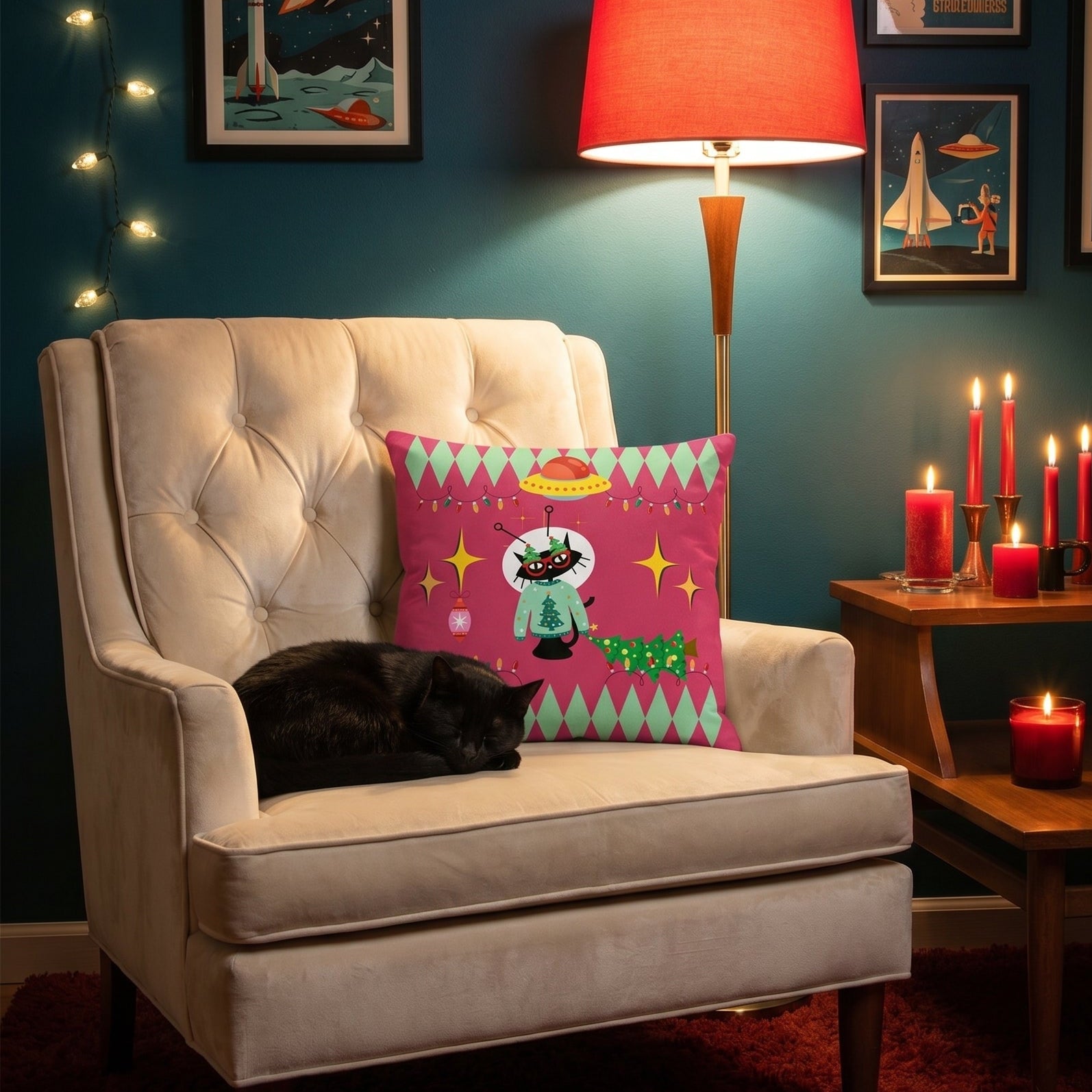 Retro space cat holiday throw pillow in mid-century modern lifestyle setting — Galactic Ink Club