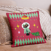 Retro space cat holiday throw pillow in mid-century modern room setting — Galactic Ink Club
