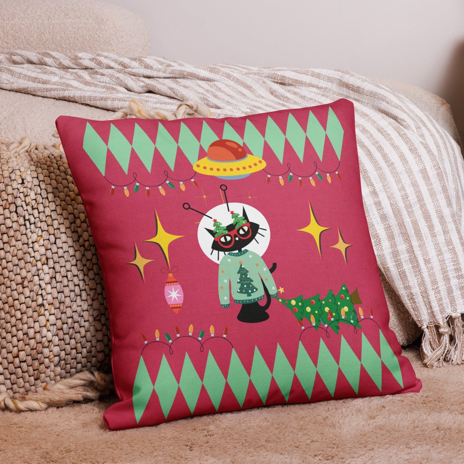 Retro space cat holiday throw pillow in mid-century modern room setting — Galactic Ink Club
