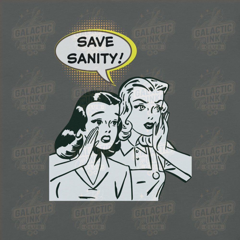 Save Sanity retro-inspired graphic tee design detail — Galactic Ink Club