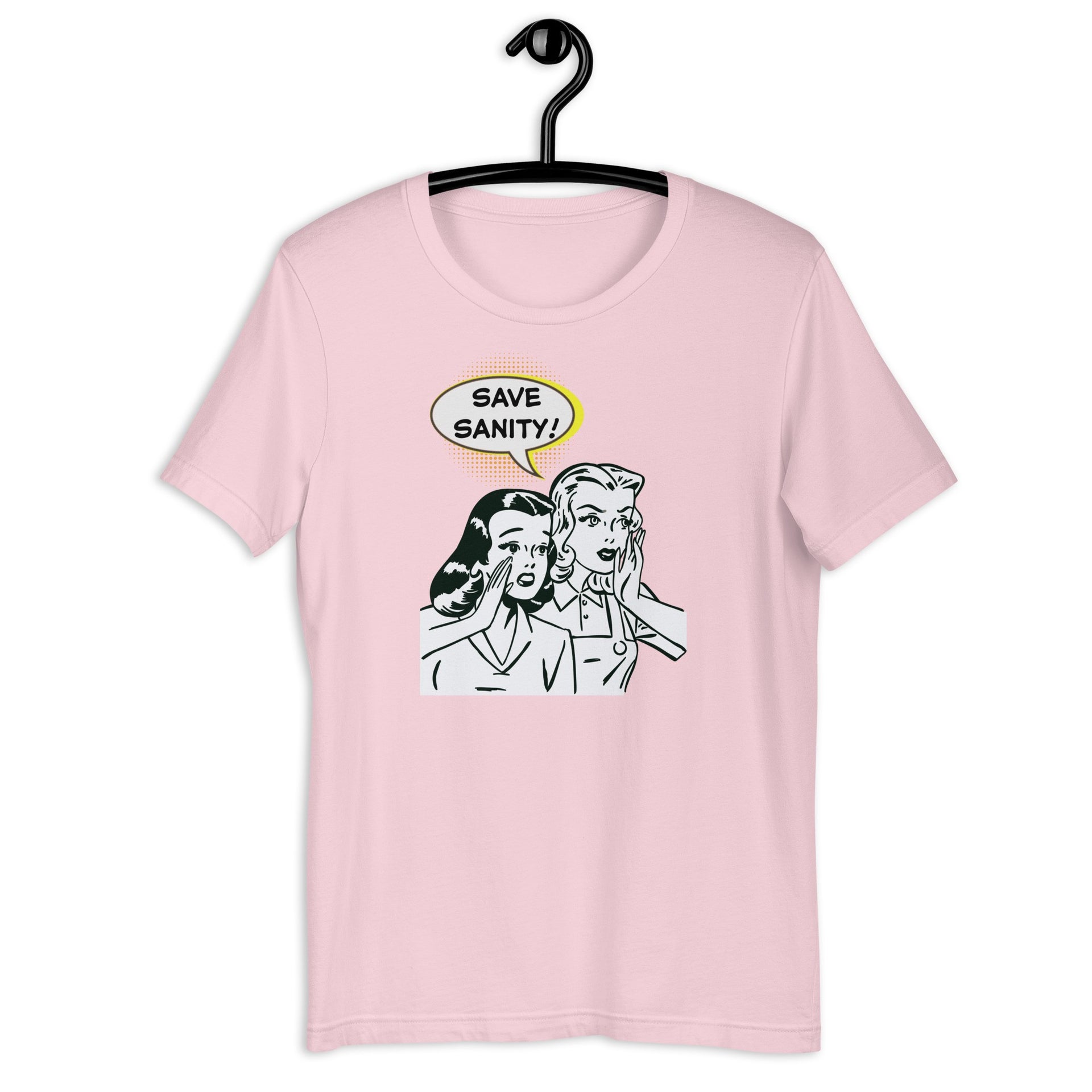 Save Sanity retro-inspired graphic tee in soft pink — Galactic Ink Club