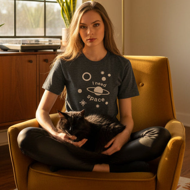 Scattered Stars Retro-Inspired Graphic Tee retro graphic t-shirt on woman with cat — Galactic Ink Club
