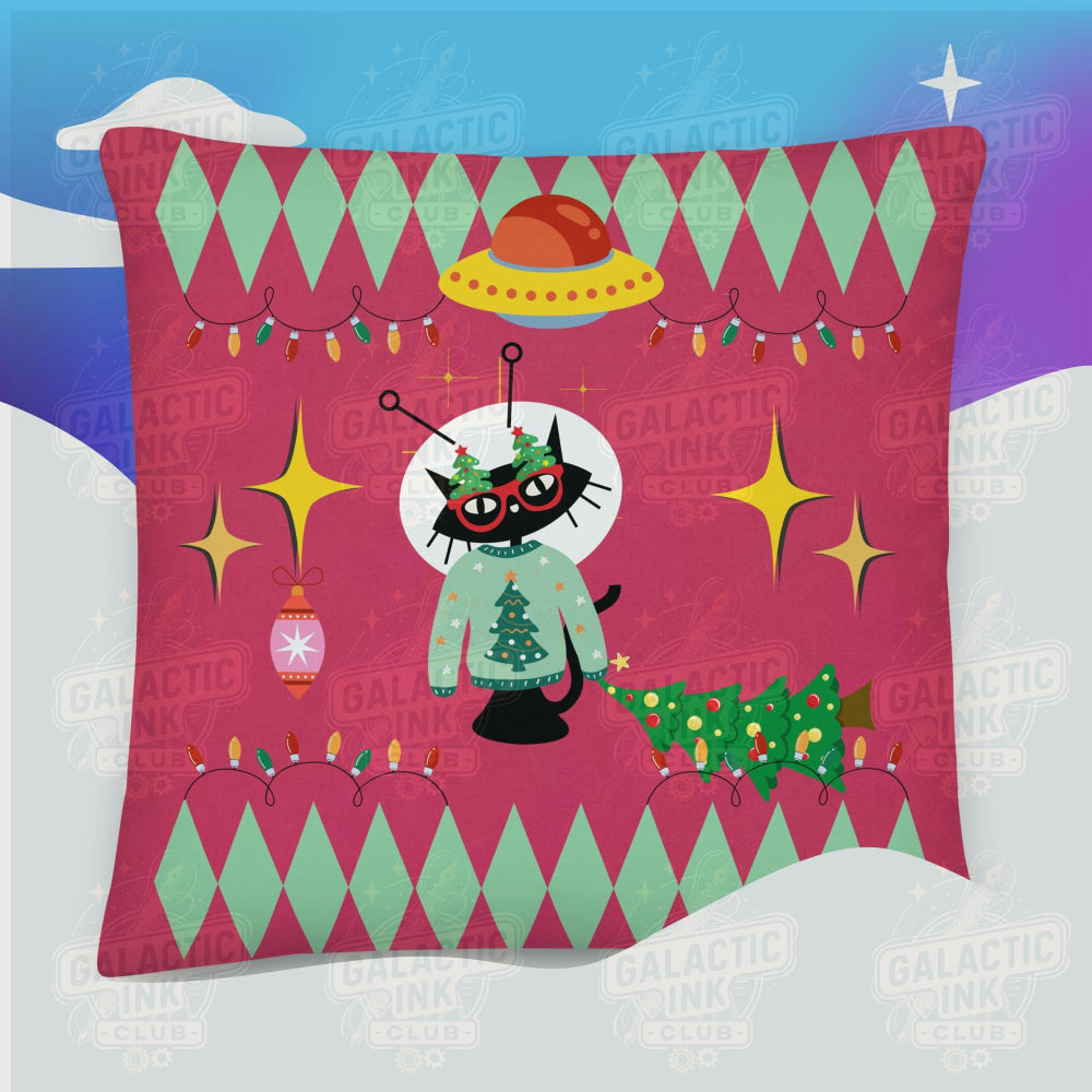 Space Cat Holiday retro illustration Pillow by Galactic Ink Club
