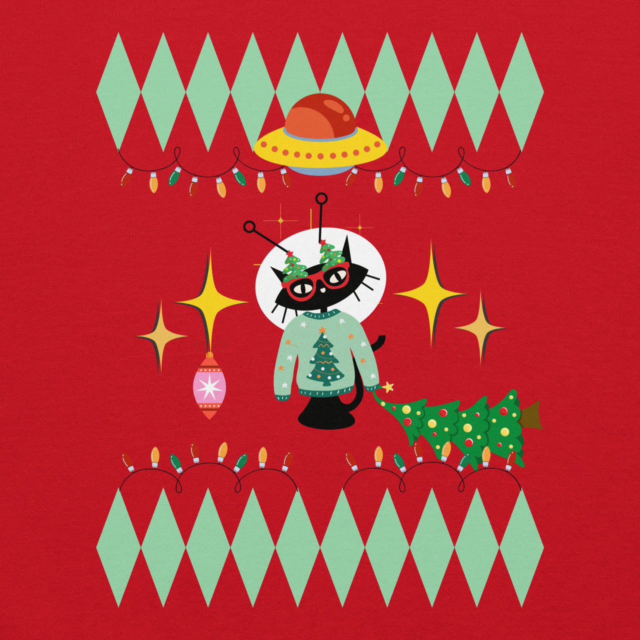 Space cat holiday sweatshirt detail — Galactic Ink Club

