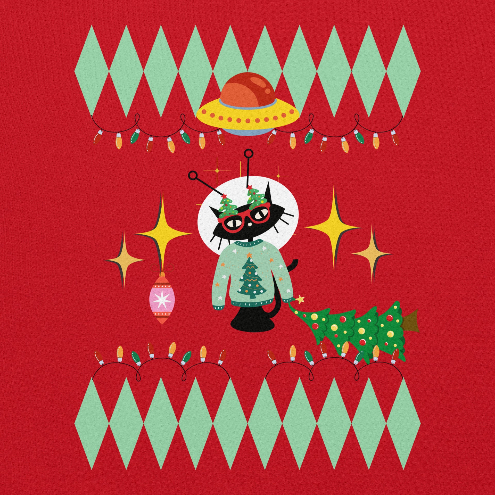 Space cat holiday sweatshirt detail — Galactic Ink Club
