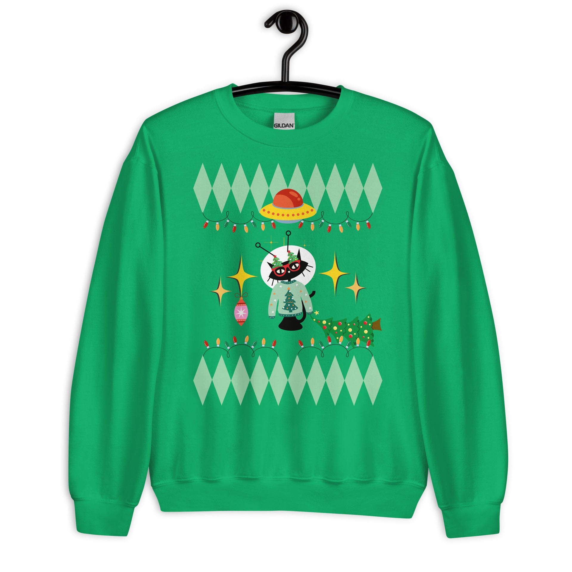 Space cat holiday sweatshirt in irish green — Galactic Ink Club

