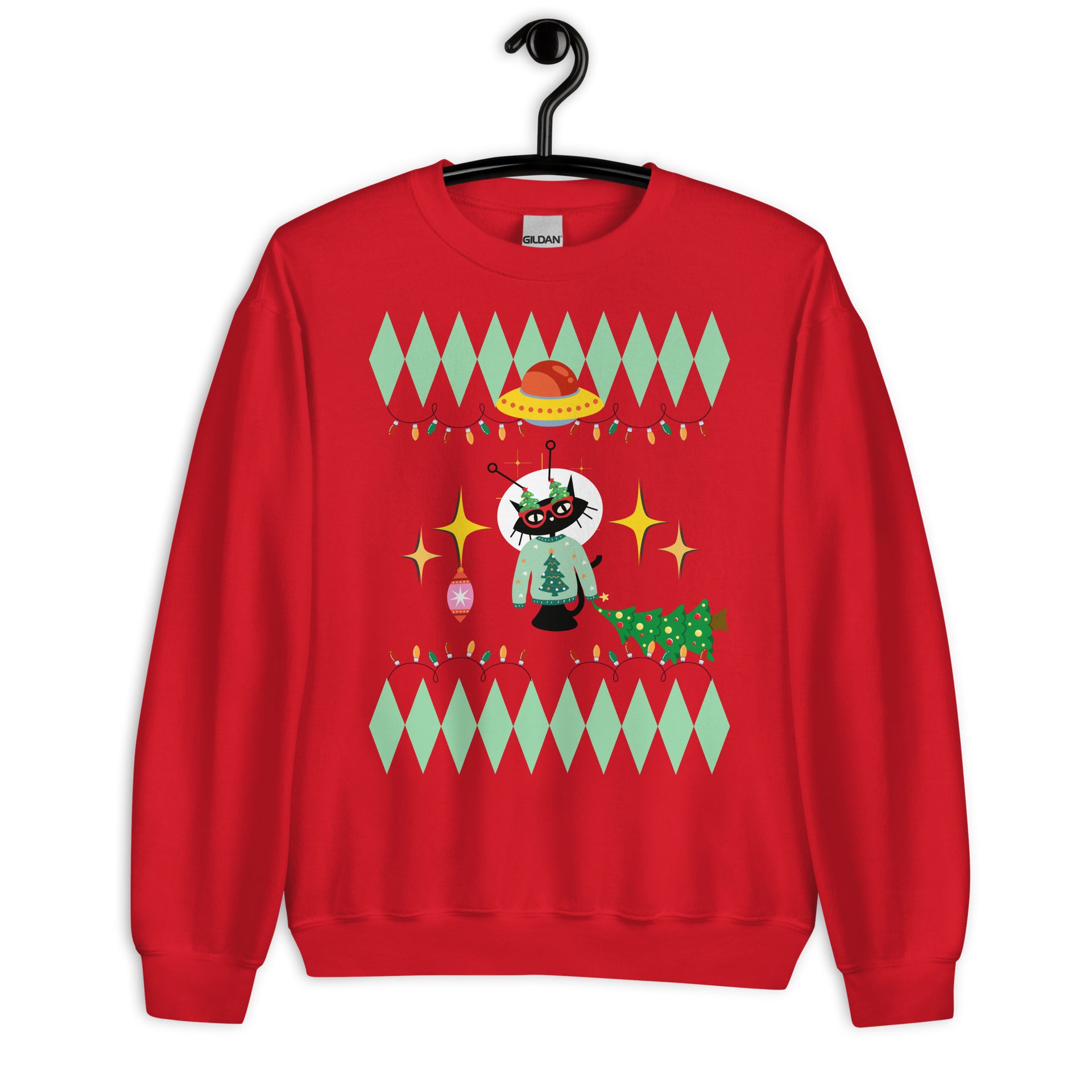 Space cat holiday sweatshirt in red — Galactic Ink Club

